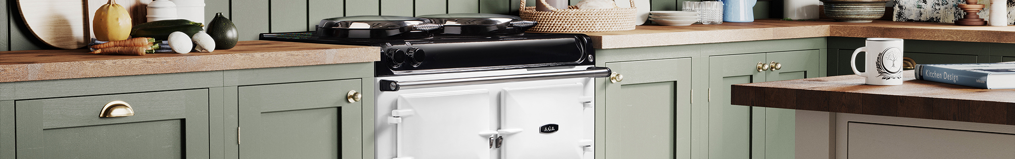 AGA R3 Series in white with green cabinetry surrounding