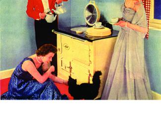 Vintage picture of family and cat around an AGA
